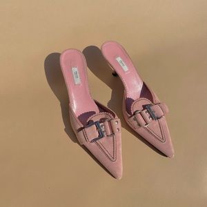 SOLD Vintage Pink suede Prada Buckle slide kitten heels